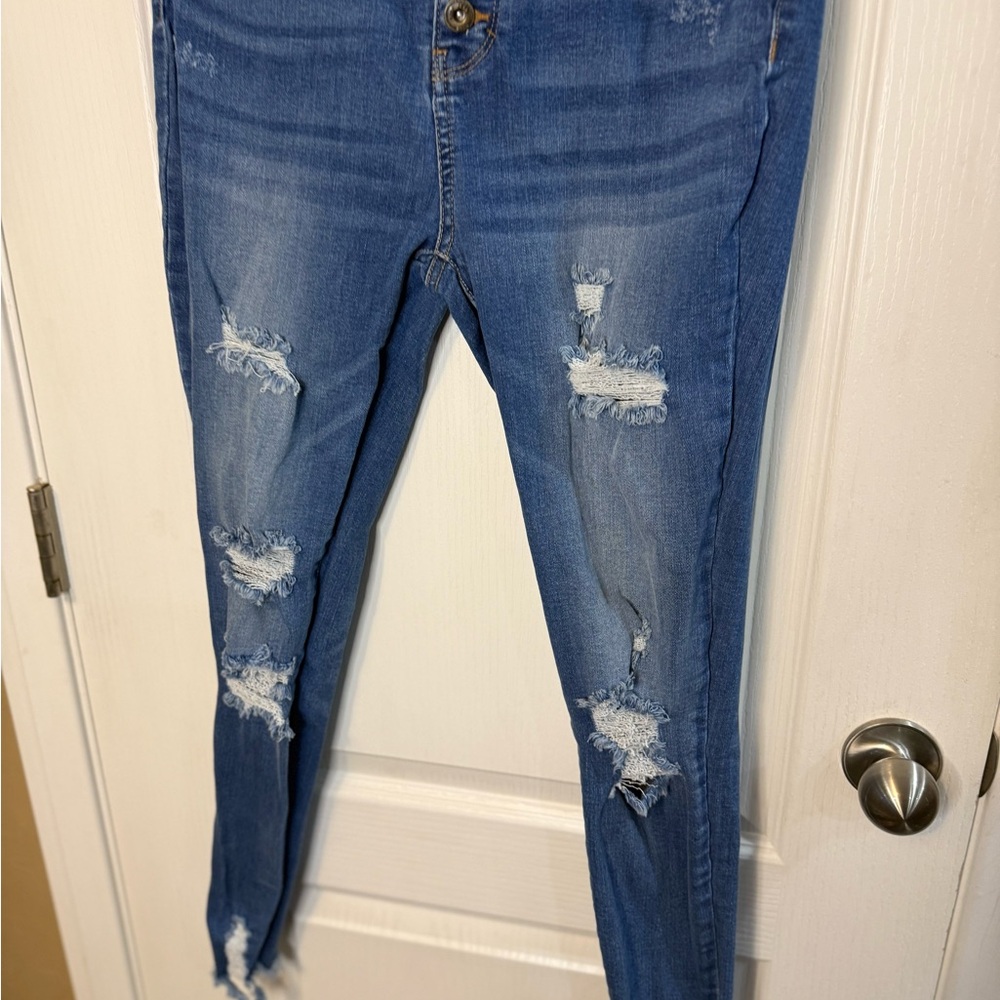 Wax Jean Women's Button-Up Distressed Blue Skinny Jeans - Picture 2 of 5